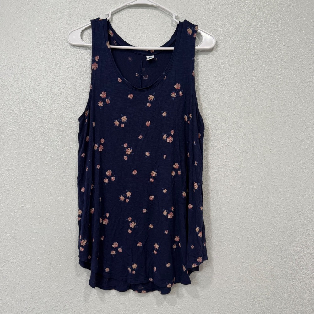 Old Navy Luxe Navy Blue Floral Sleeveless Tank Top Medium Relaxed Fit Scoop Neck